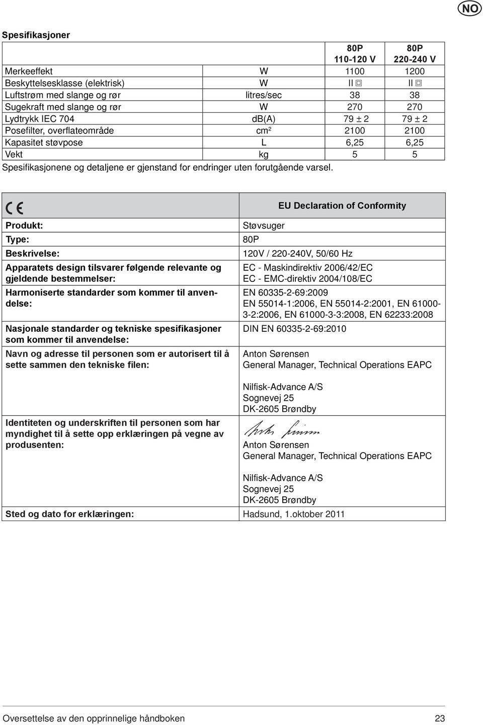 EU Declaration of Conformity Produkt: Type: Beskrivelse: Apparatets design tilsvarer følgende relevante og gjeldende bestemmelser: Harmoniserte standarder som kommer til anvendelse: Nasjonale