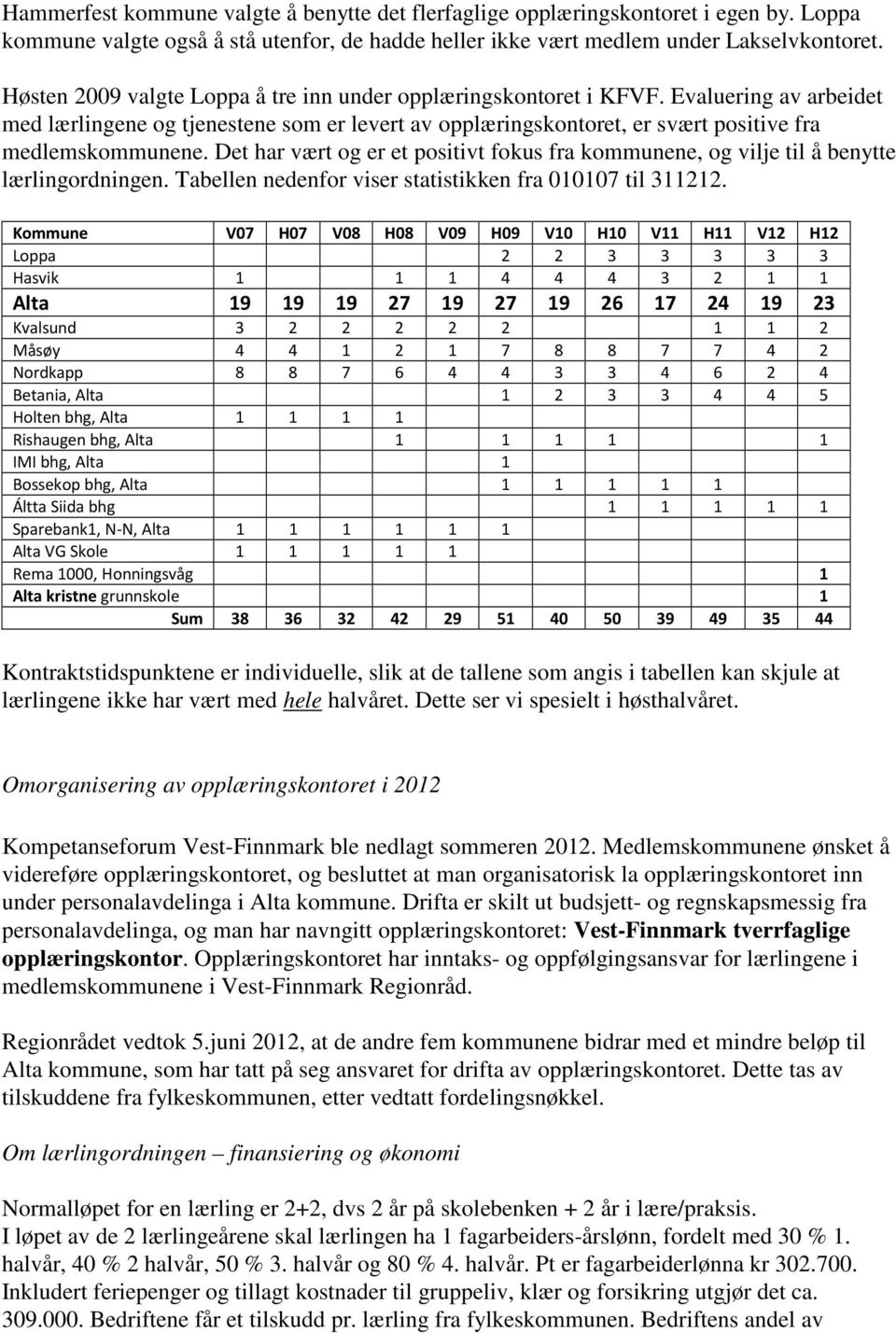 Det har vært og er et positivt fokus fra kommunene, og vilje til å benytte lærlingordningen. Tabellen nedenfor viser statistikken fra 010107 til 311212.