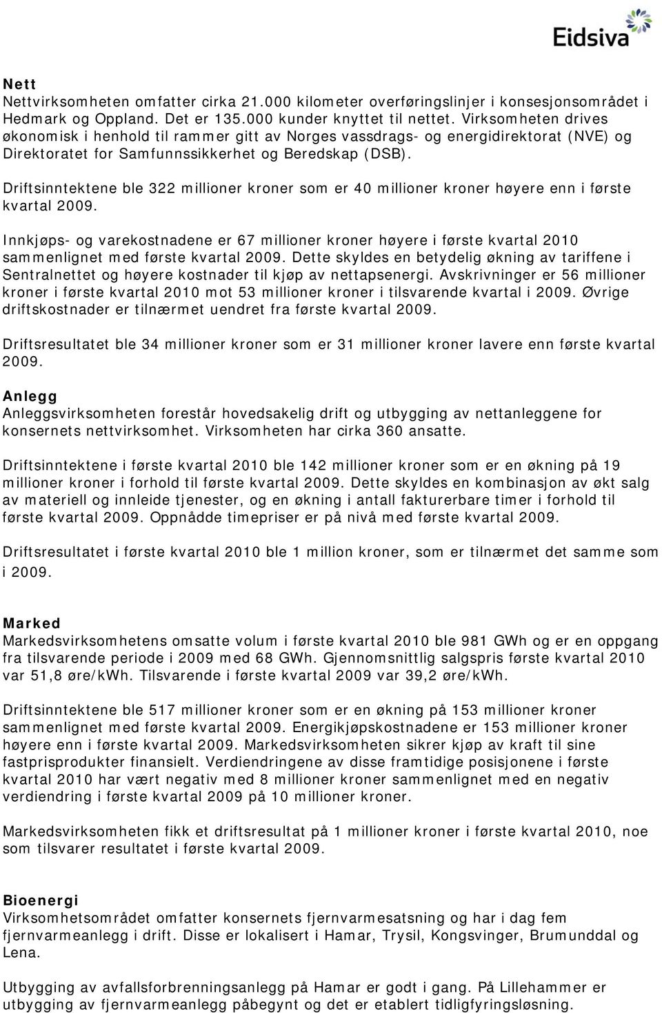 Driftsinntektene ble 322 millioner kroner som er 40 millioner kroner høyere enn i første kvartal 2009.