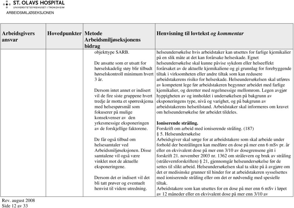 forskjellige faktorene. De får også tilbud om helsesamtaler ved Arbeidsmiljøseksjonen. Disse samtalene vil også være vinklet mot de aktuelle eksponeringene.