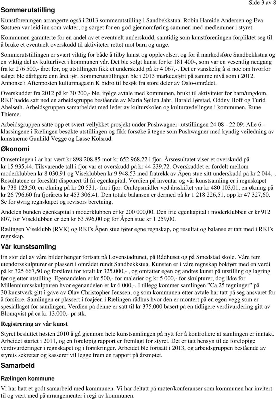 Kommunen garanterte for en andel av et eventuelt underskudd, samtidig som kunstforeningen forpliktet seg til å bruke et eventuelt overskudd til aktiviteter rettet mot barn og unge.