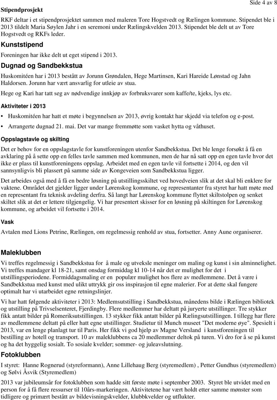 Kunststipend Foreningen har ikke delt ut eget stipend i 2013. Dugnad og Sandbekkstua Huskomitéen har i 2013 bestått av Jorunn Grøndalen, Hege Martinsen, Kari Hareide Lønstad og Jahn Haldorsen.