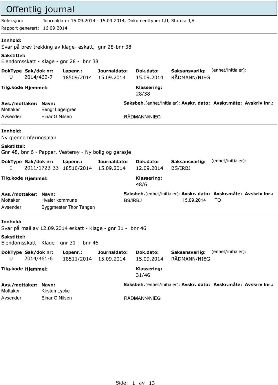 Bengt Lagergren Einar G Nilsen RÅDMANN/NEG nnhold: Ny gjennomføringsplan Gnr 48, bnr 6 - Papper, Vesterøy - Ny bolig og garasje 2011/1723-33 18510/2014 BS/RBJ