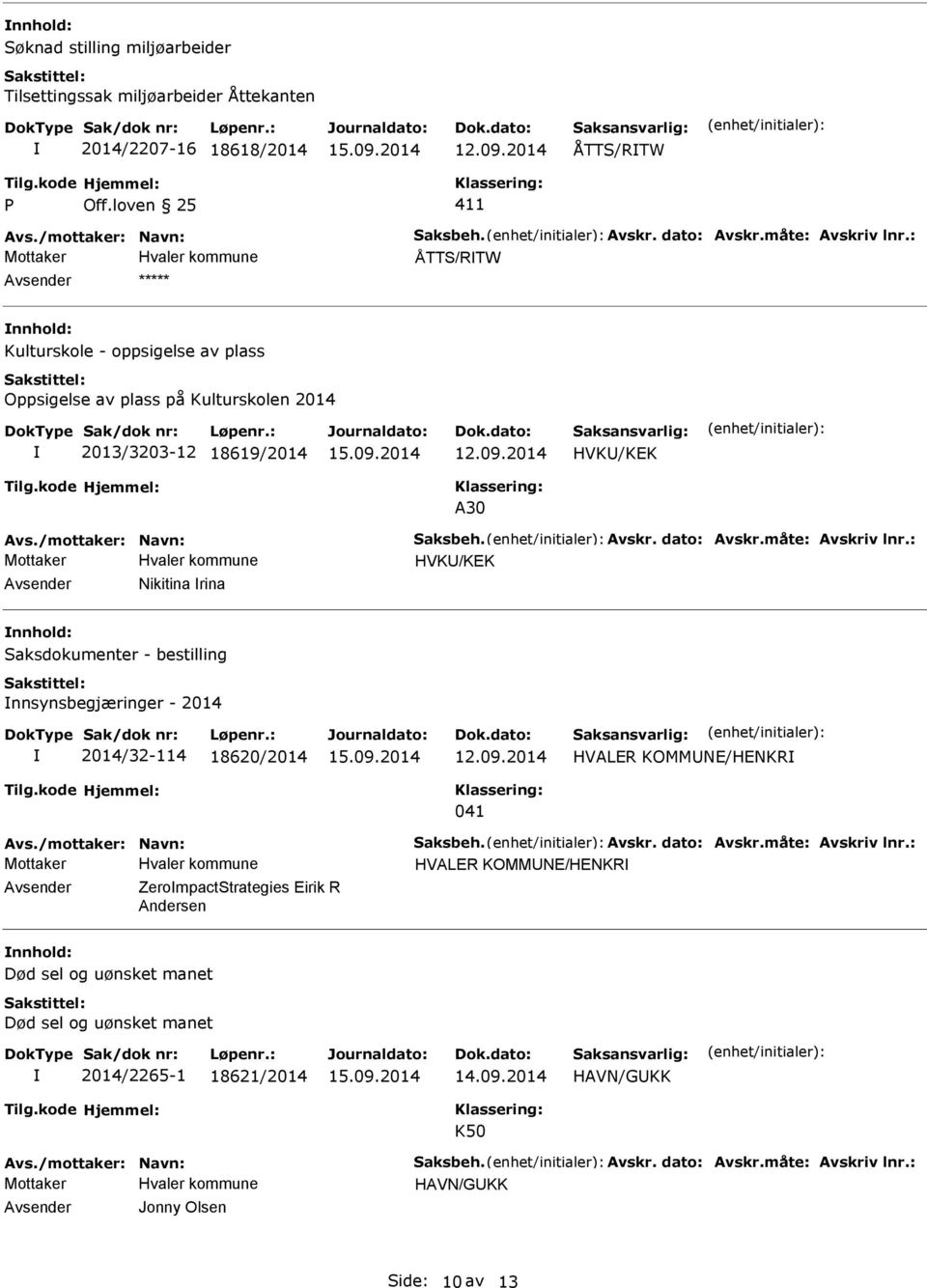 HVK/KEK Nikitina rina nnhold: Saksdokumenter - bestilling nnsynsbegjæringer - 2014 2014/32-114 18620/2014 HVALER KOMMNE/HENKR 041 HVALER