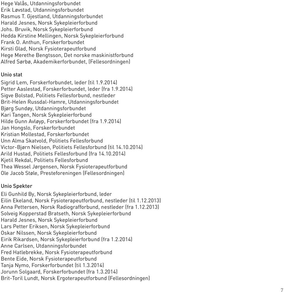 Anthun, Forskerforbundet Kirsti Glad, Norsk Fysioterapeutforbund Hege Merethe Bengtsson, Det norske maskinistforbund Alfred Sørbø, Akademikerforbundet, (Fellesordningen) Unio stat Sigrid Lem,