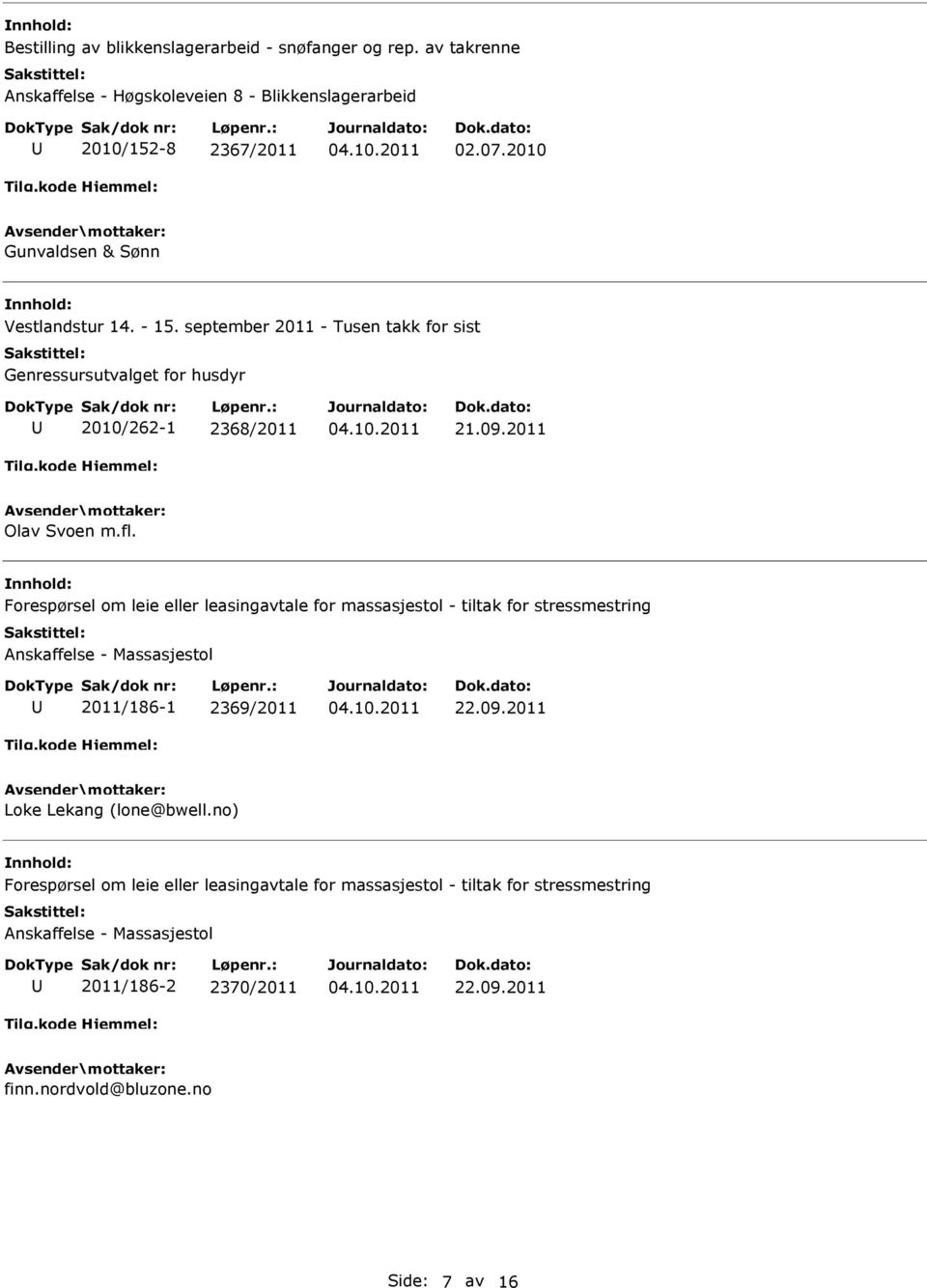 Forespørsel om leie eller leasingavtale for massasjestol - tiltak for stressmestring Anskaffelse - Massasjestol 2011/186-1 2369/2011 22.09.