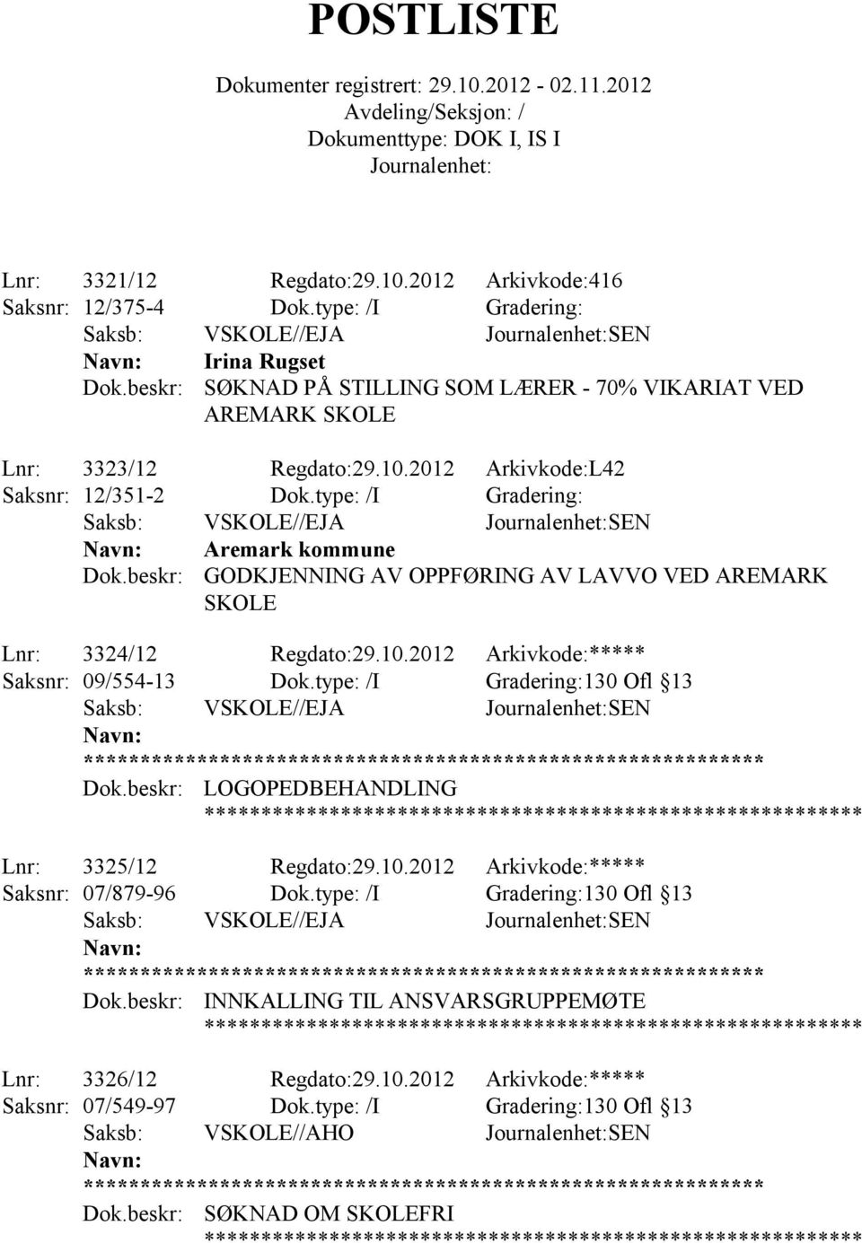 type: /I Gradering: Saksb: VSKOLE//EJA SEN Aremark kommune GODKJENNING AV OPPFØRING AV LAVVO VED AREMARK SKOLE Lnr: 3324/12 Regdato:29.10.2012 Arkivkode:***** Saksnr: 09/554-13 Dok.