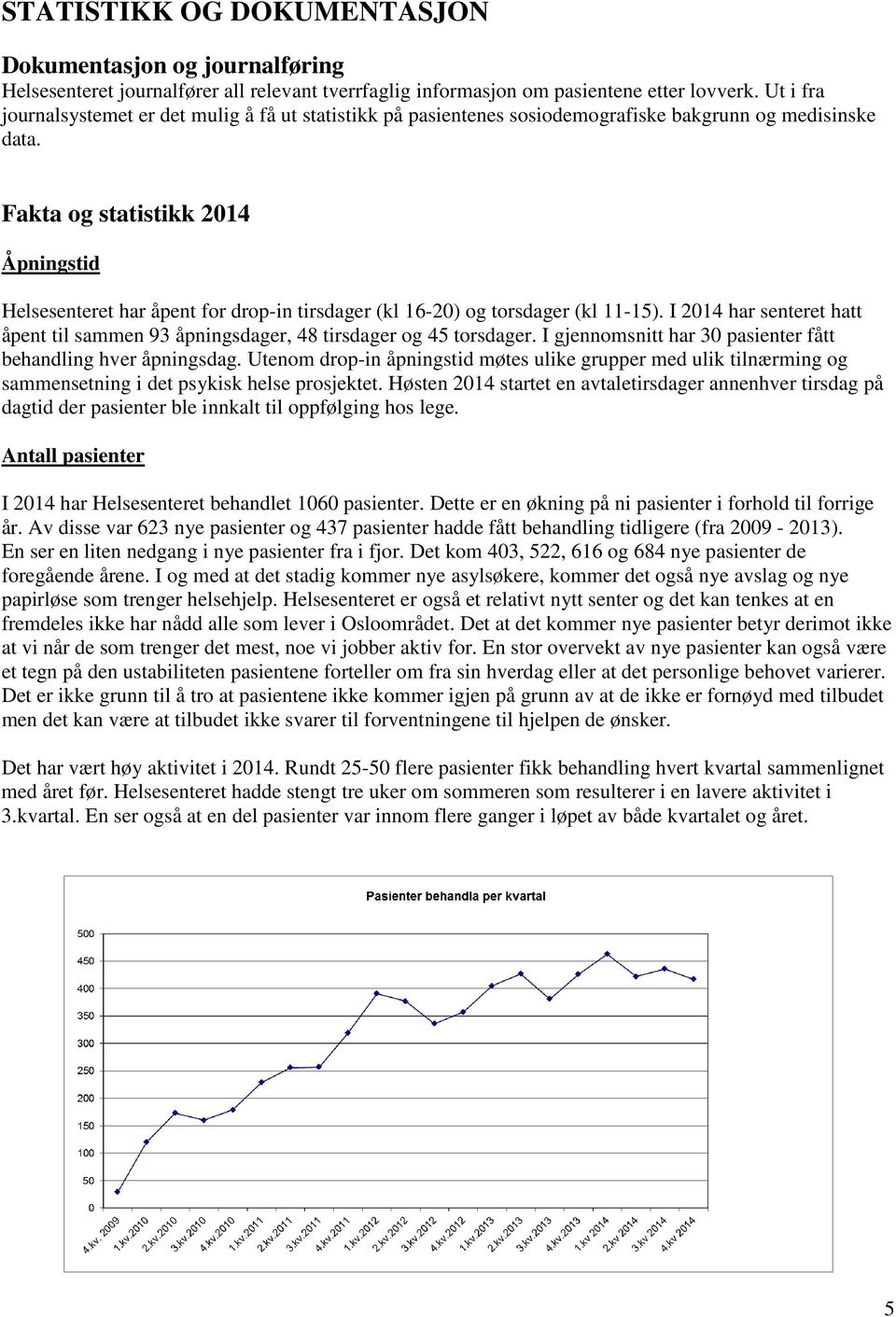 Fakta og statistikk 2014 Åpningstid Helsesenteret har åpent for drop-in tirsdager (kl 16-20) og torsdager (kl 11-15).