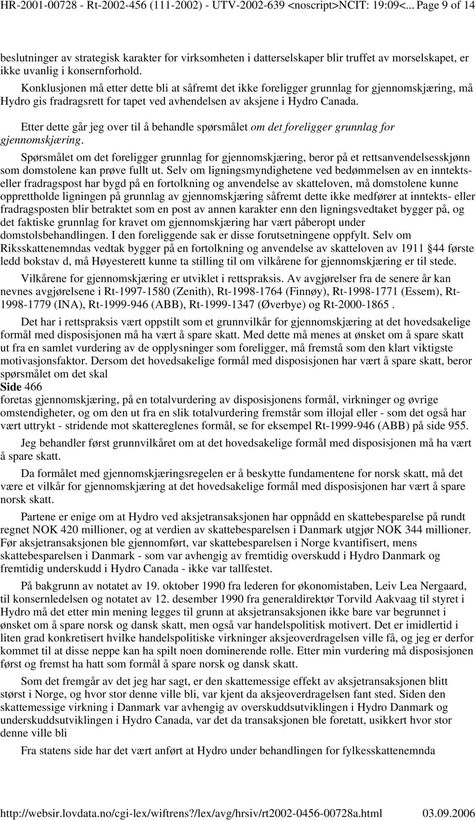 Konklusjonen må etter dette bli at såfremt det ikke foreligger grunnlag for gjennomskjæring, må Hydro gis fradragsrett for tapet ved avhendelsen av aksjene i Hydro Canada.