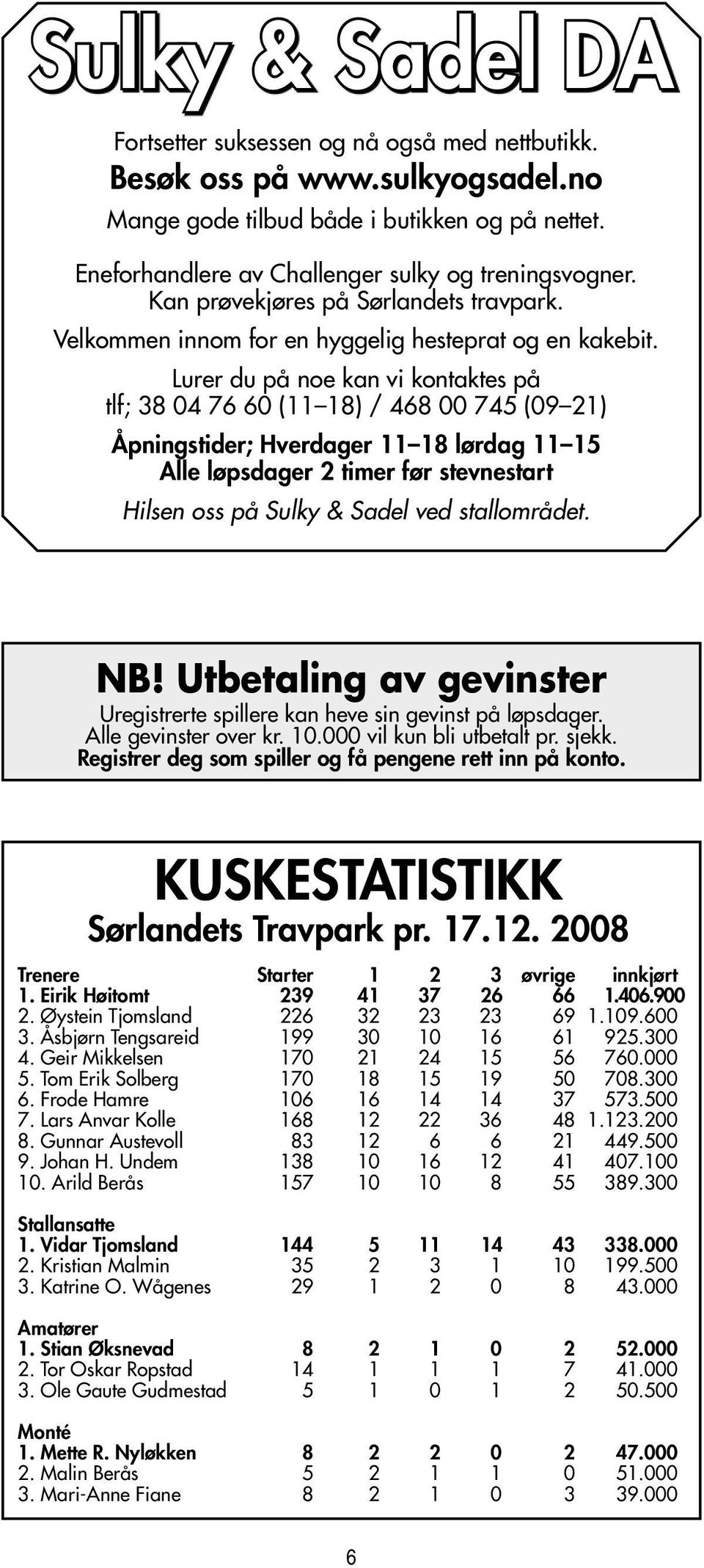 Lurer du på noe kan vi kontaktes på tlf; 38 04 76 60 (11 18) / 468 00 745 (09 21) Åpningstider; Hverdager 11 18 lørdag 11 15 Alle løpsdager 2 timer før stevnestart Hilsen oss på Sulky & Sadel ved