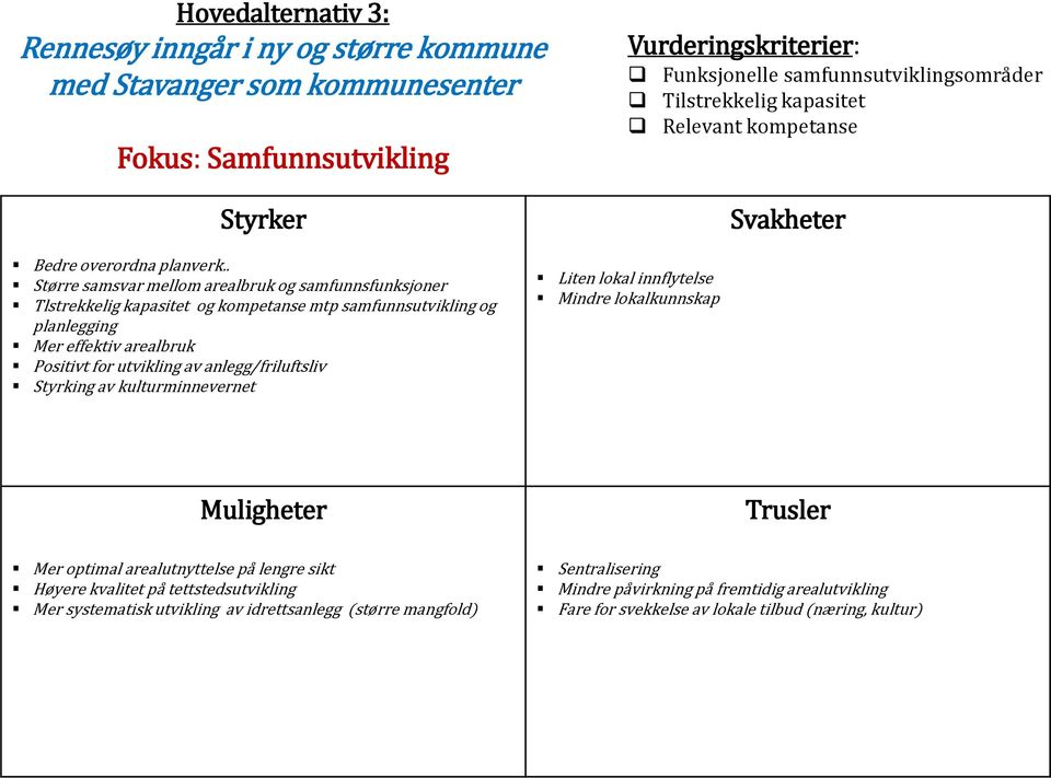 . Større samsvar mellom arealbruk og samfunnsfunksjoner Tlstrekkelig kapasitet og kompetanse mtp samfunnsutvikling og planlegging Mer effektiv arealbruk Positivt for utvikling