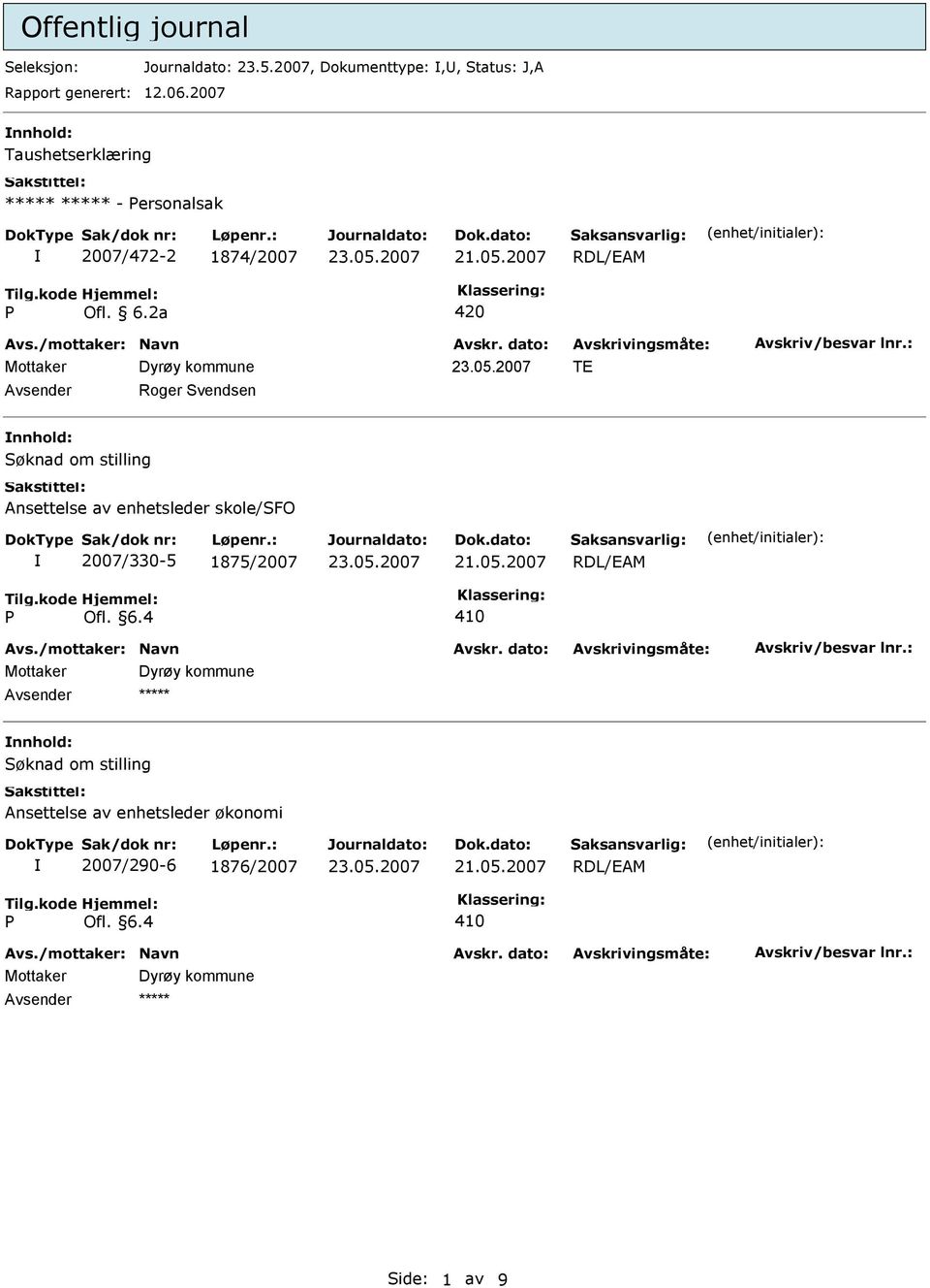 2a 420 TE Roger Svendsen nnhold: Søknad om stilling Ansettelse av enhetsleder skole/sfo 2007/330-5