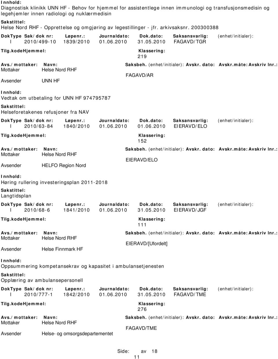 2010 FAGAVD/TGR 219 FAGAVD/AR UNN HF Vedtak om utbetaling for UNN HF 974795787 Helseforetakenes refusjoner fra NAV I 2010/63-84 1840/2010 01.06.