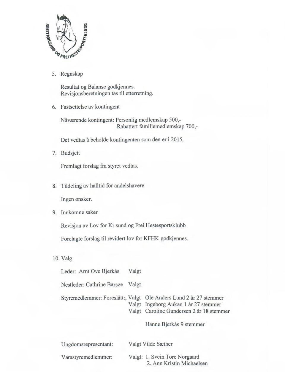 8. Tildeling av halltid for andelshavere Ingen 0nsker. 9. lnnkomne saker Revisjon av Lov for Kr.sund og Frei Hestesportsklubb Forelagte forslag til revidert lov for KFHK godkjennes. 10.