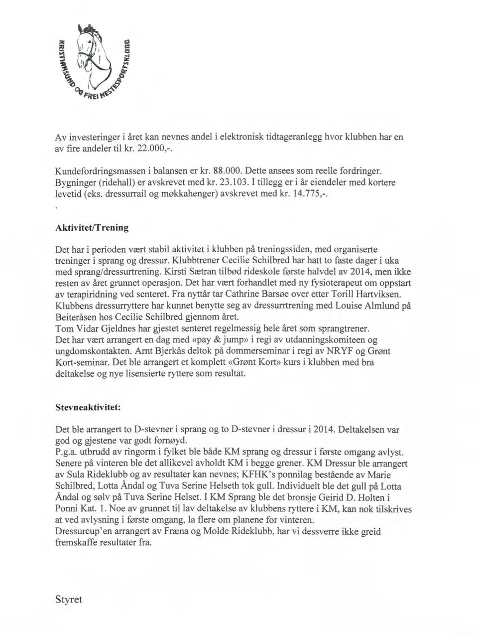 Aktivitet/Trening Det har i perioden vrert stabil aktivitet i klubben pa treningssiden, med organiserte treninger i sprang og dressur.