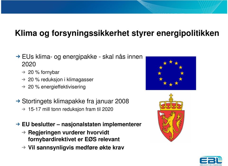 fra januar 2008 15-17 mill tonn reduksjon fram til 2020 EU beslutter nasjonalstaten implementerer