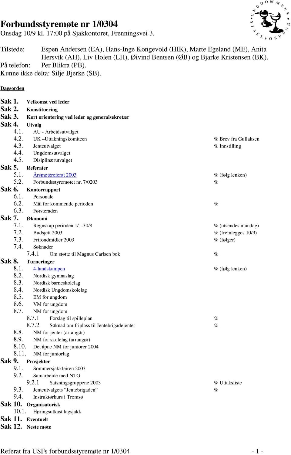 Kunne ikke delta: Silje Bjerke (SB). Dagsorden Sak 1. Velkomst ved leder Sak 2. Konstituering Sak 3. Kort orientering ved leder og generalsekretær Sak 4. Utvalg 4.1. AU - Arbeidsutvalget 4.2. UK Uttakningskomiteen % Brev fra Gullaksen 4.