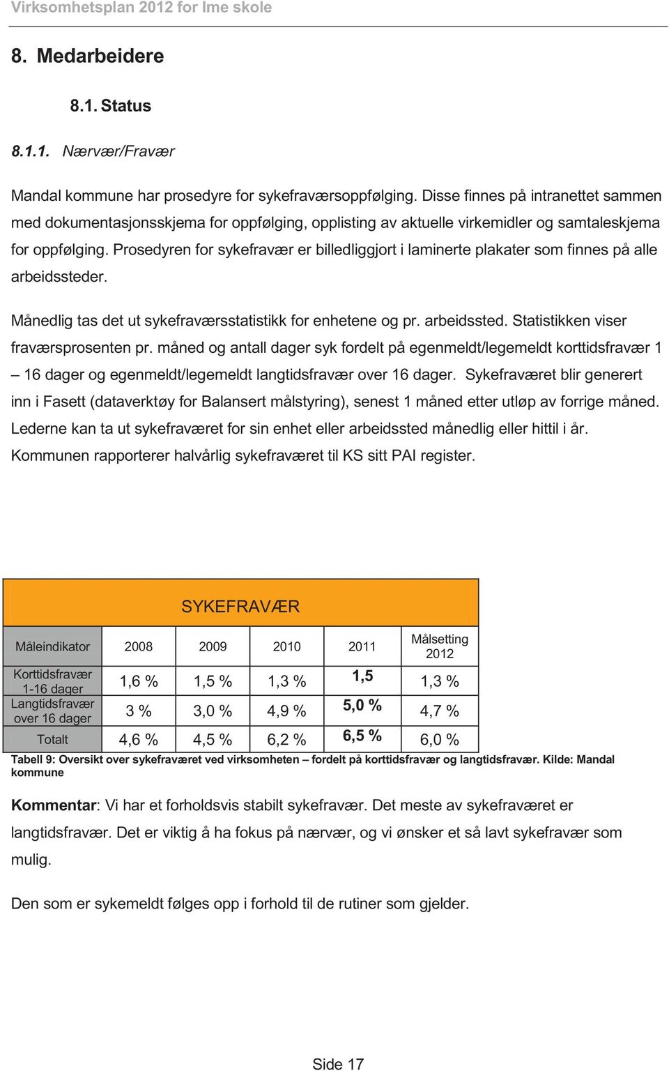 Prosedyren for sykefravær er billedliggjort i laminerte plakater som finnes på alle arbeidssteder. Månedlig tas det ut sykefraværsstatistikk for enhetene og pr. arbeidssted. Statistikken viser fraværsprosenten pr.