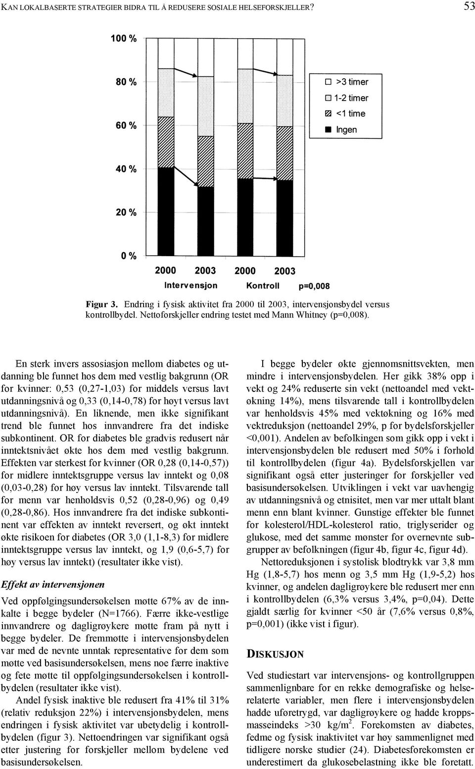 En sterk invers assosiasjon mellom diabetes og utdanning ble funnet hos dem med vestlig bakgrunn (OR for kvinner: 0,53 (0,27-1,03) for middels versus lavt utdanningsnivå og 0,33 (0,14-0,78) for høyt