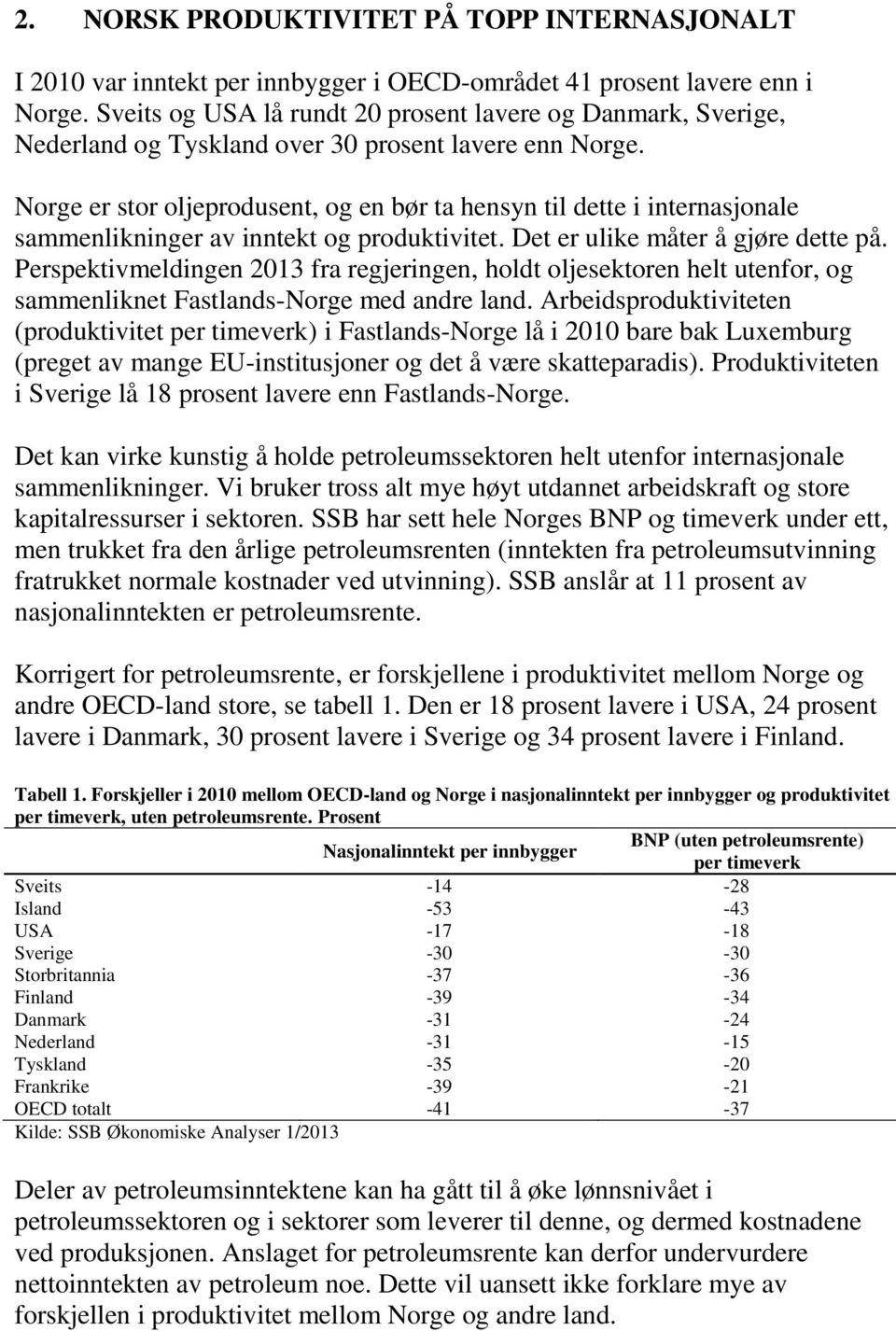 Norge er stor oljeprodusent, og en bør ta hensyn til dette i internasjonale sammenlikninger av inntekt og produktivitet. Det er ulike måter å gjøre dette på.