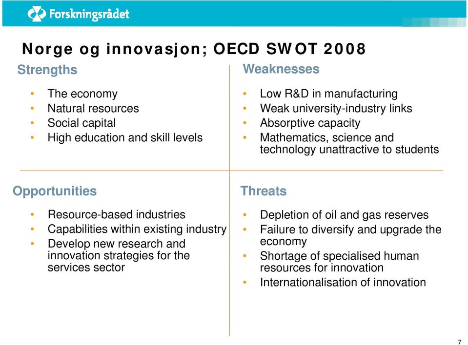 Opportunities Resource-based industries Capabilities within existing industry Develop new research and innovation strategies for the services sector