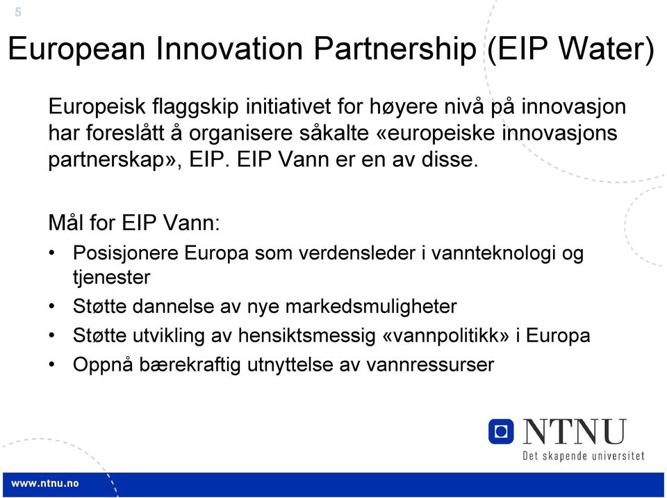 Mål for EIP Vann: Posisjonere Europa som verdensleder i vannteknologi og tjenester Støtte dannelse av nye