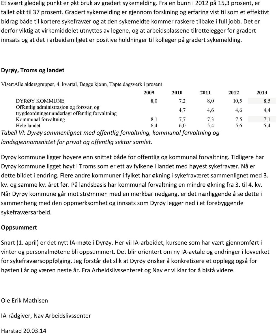 Det er derfor viktig at virkemiddelet utnyttes av legene, og at arbeidsplassene tilrettelegger for gradert innsats og at det i arbeidsmiljøet er positive holdninger til kolleger på gradert