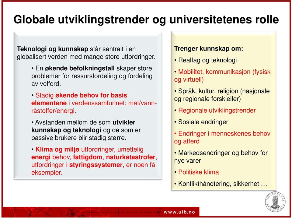 Stadig økende behov for basis elementene i verdenssamfunnet: mat/vannåtff Avstanden mellom de som utvikler råstoffer/energi. kunnskap og teknologi og de som er passive brukere blir stadig større.