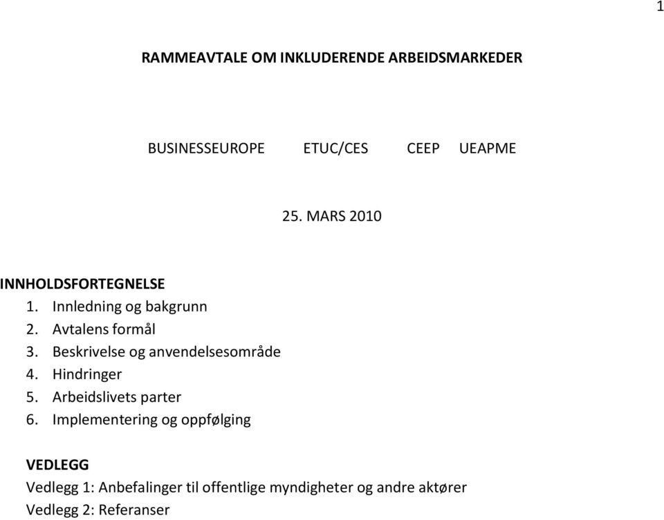 Beskrivelse og anvendelsesområde 4. Hindringer 5. Arbeidslivets parter 6.