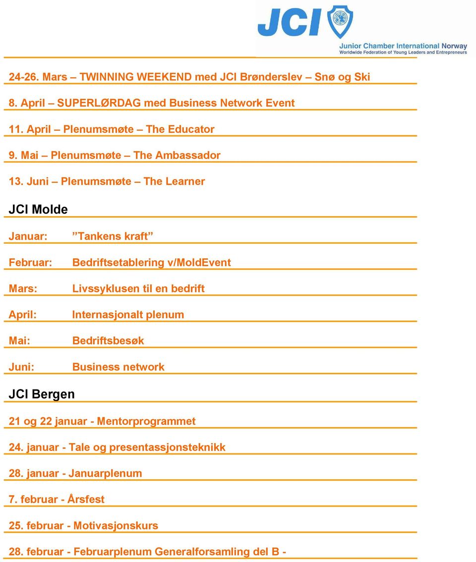 Juni Plenumsmøte The Learner JCI Molde Januar: Februar: Mars: April: Mai: Juni: Tankens kraft Bedriftsetablering v/moldevent Livssyklusen til en