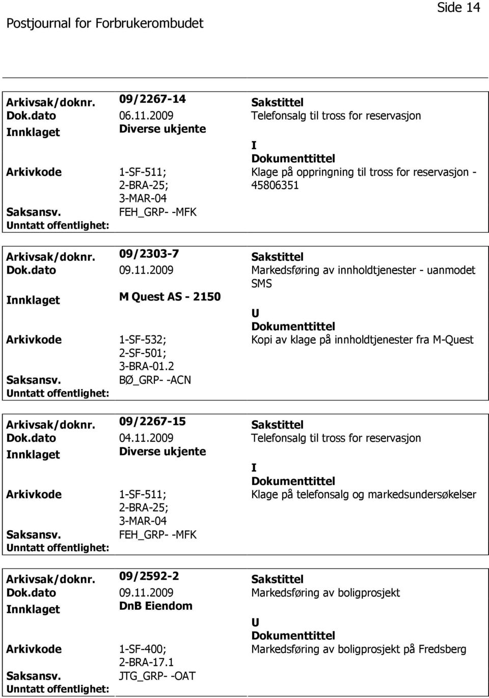 2009 Markedsføring av innholdtjenester - uanmodet SMS nnklaget M Quest AS - 2150 1-SF-532; 2-SF-501; 3-BRA-01.2 Kopi av klage på innholdtjenester fra M-Quest BØ_GRP- -ACN Arkivsak/doknr.