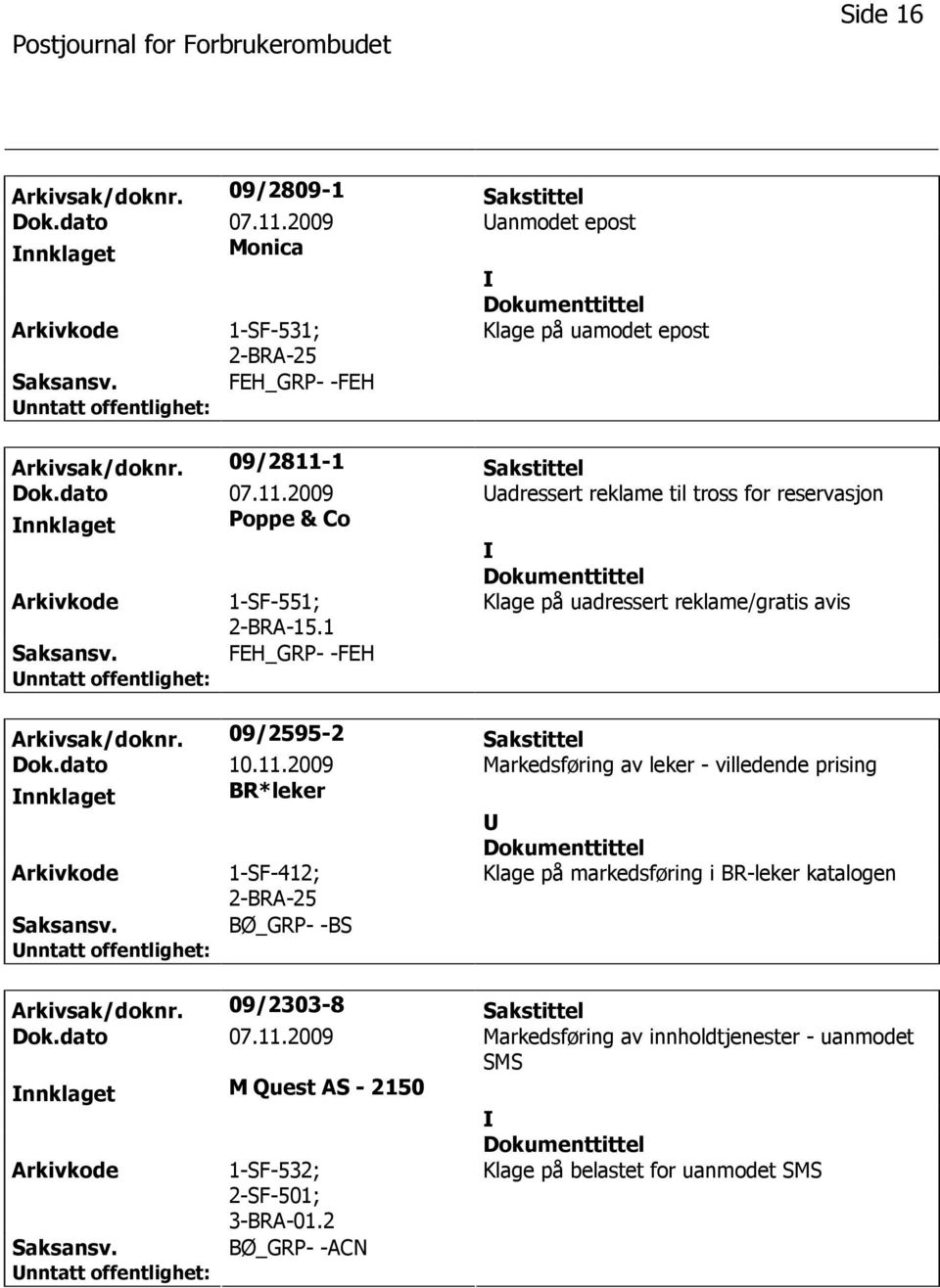 09/2595-2 Sakstittel Dok.dato 10.11.2009 Markedsføring av leker - villedende prising nnklaget BR*leker 1-SF-412; Klage på markedsføring i BR-leker katalogen BØ_GRP- -BS Arkivsak/doknr.