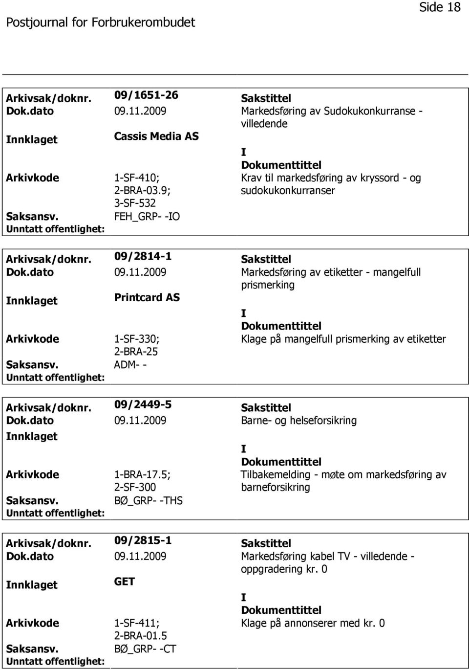 2009 Markedsføring av etiketter - mangelfull prismerking nnklaget Printcard AS 1-SF-330; ADM- - Klage på mangelfull prismerking av etiketter Arkivsak/doknr. 09/2449-5 Sakstittel Dok.dato 09.11.