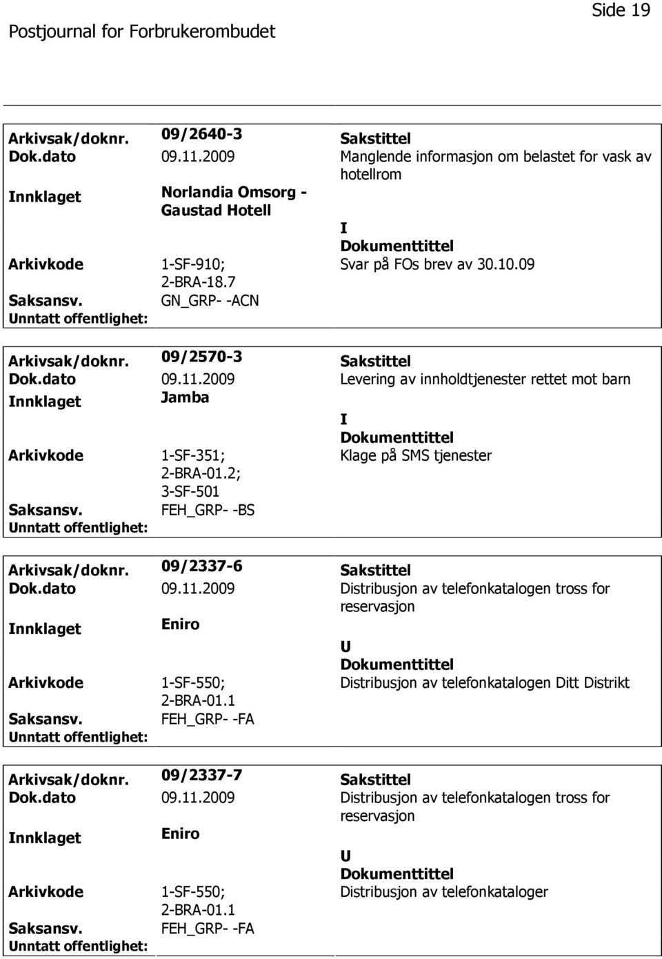 2; 3-SF-501 Klage på SMS tjenester FEH_GRP- -BS Arkivsak/doknr. 09/2337-6 Sakstittel Dok.dato 09.11.2009 Distribusjon av telefonkatalogen tross for reservasjon nnklaget Eniro 1-SF-550; 2-BRA-01.