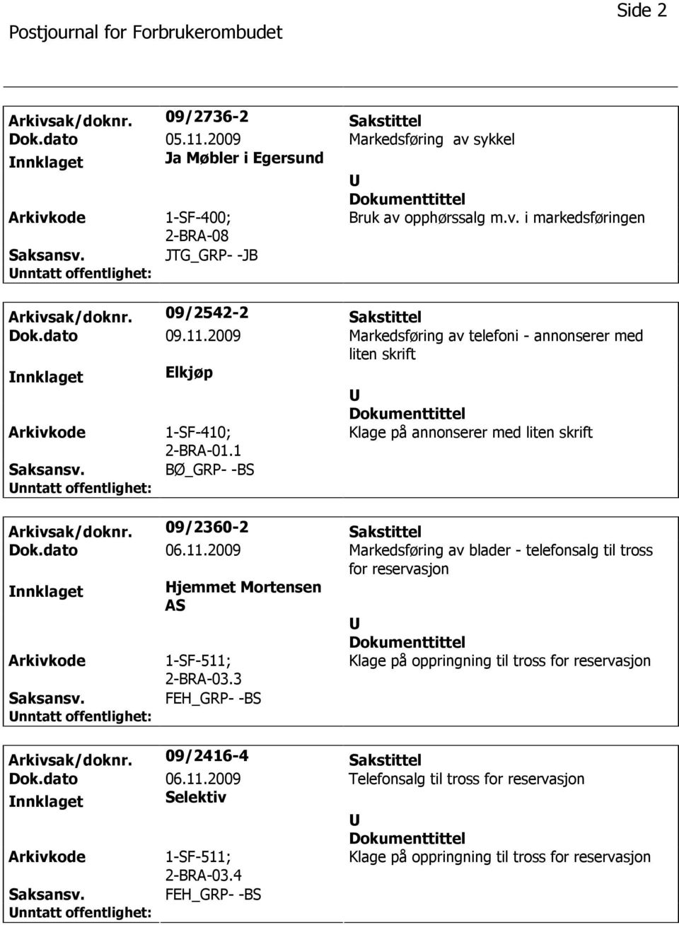 09/2360-2 Sakstittel Dok.dato 06.11.2009 Markedsføring av blader - telefonsalg til tross for reservasjon nnklaget Hjemmet Mortensen AS 2-BRA-03.