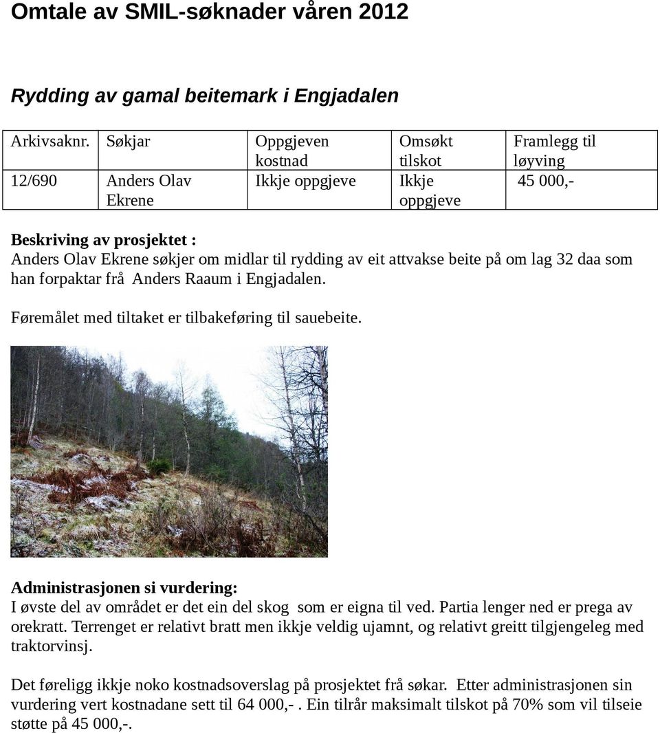 Føremålet med tiltaket er tilbakeføring til sauebeite. I øvste del av området er det ein del skog som er eigna til ved. Partia lenger ned er prega av orekratt.