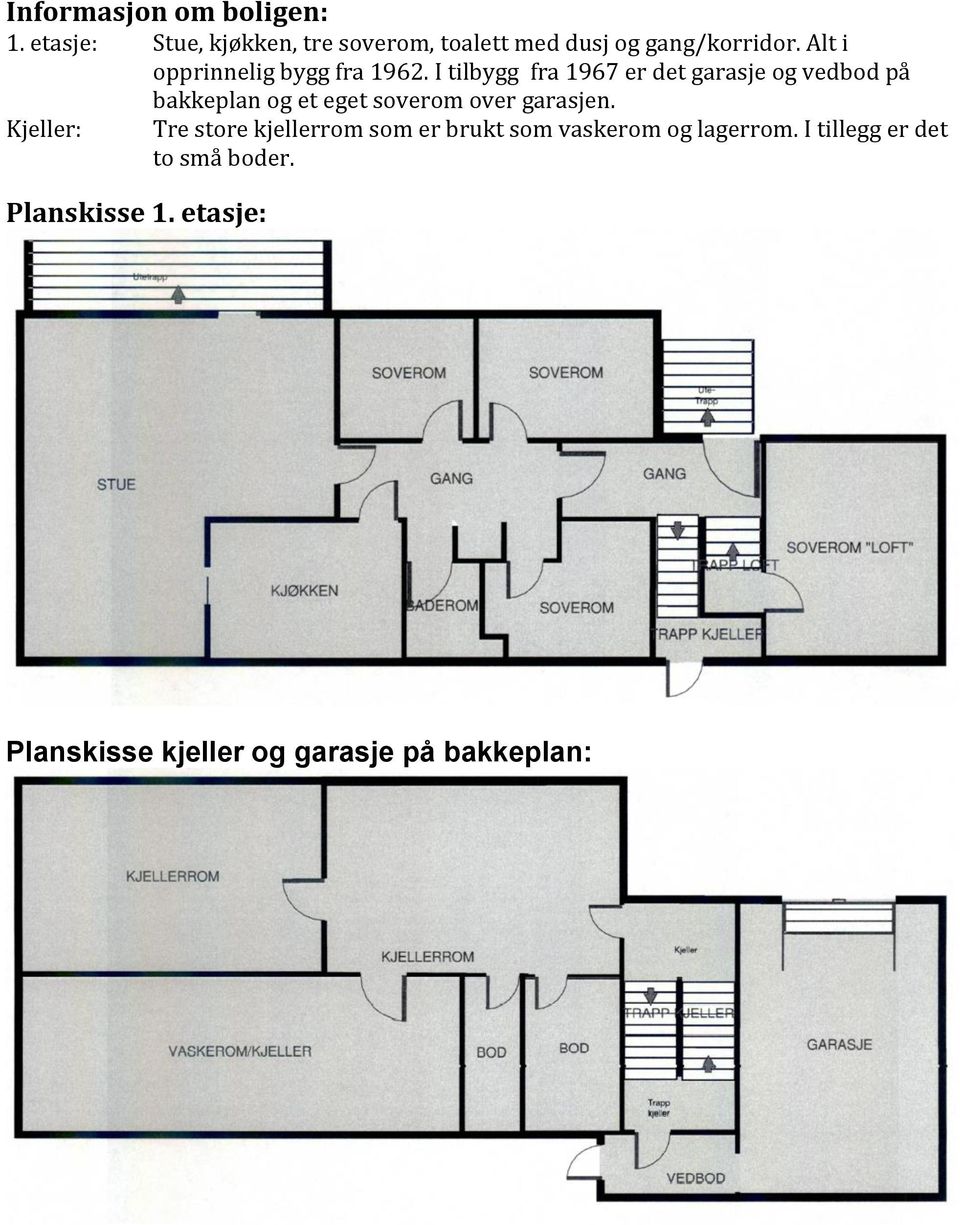 I tilbygg fra 1967 er det garasje og vedbod på Kjeller: Planskisse 1.