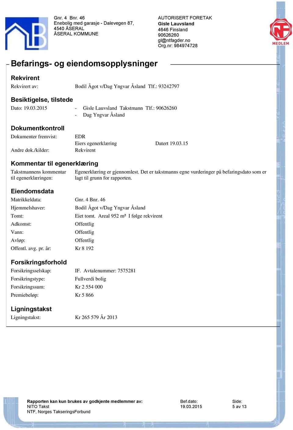 15 Rekvirent Kommentar til egenerklæring Takstmannens kommentar til egenerklæringen: Eiendomsdata Matrikkeldata: Gnr. 4 Bnr. 46 Hjemmelshaver: Tomt: Adkomst: Vann: Avløp: Egenerklæring er gjennomlest.