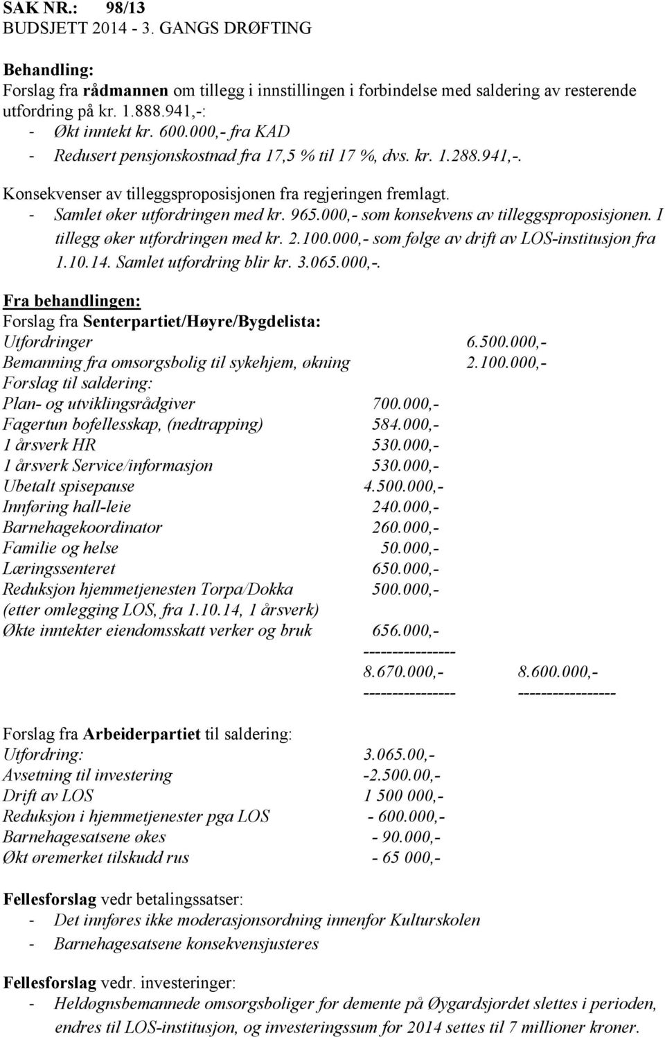 000,- som konsekvens av tilleggsproposisjonen. I tillegg øker utfordringen med kr. 2.100.000,- som følge av drift av LOS-institusjon fra 1.10.14. Samlet utfordring blir kr. 3.065.000,-. Fra behandlingen: Forslag fra Senterpartiet/Høyre/Bygdelista: Utfordringer 6.