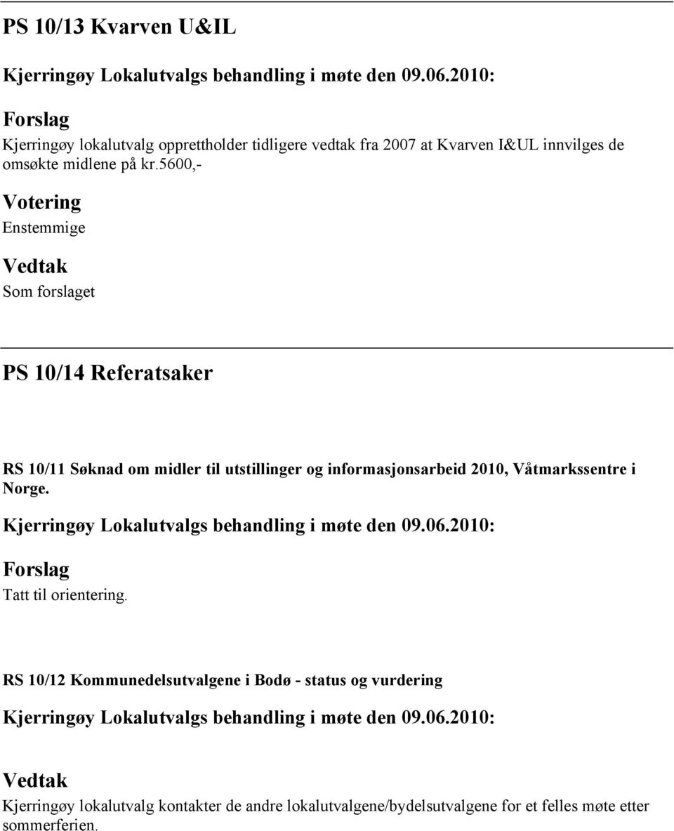 5600,- Votering Enstemmige Som forslaget PS 10/14 Referatsaker RS 10/11 Søknad om midler til utstillinger og