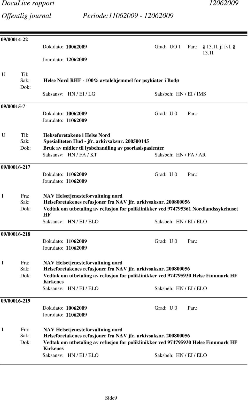 dato: 11062009 Grad: 0 Par.: NAV Helsetjenesteforvaltning nord Helseforetakenes refusjoner fra NAV jfr. arkivsaksnr.