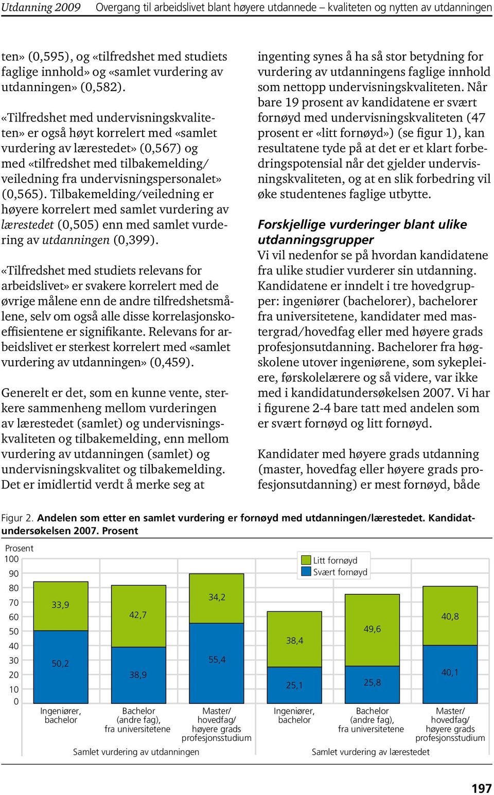 «Tilfredshet med undervisningskvaliteten» er også høyt korrelert med «samlet vurdering av lærestedet» (0,567) og med «tilfredshet med tilbakemelding/ veiledning fra undervisningspersonalet» (0,565).