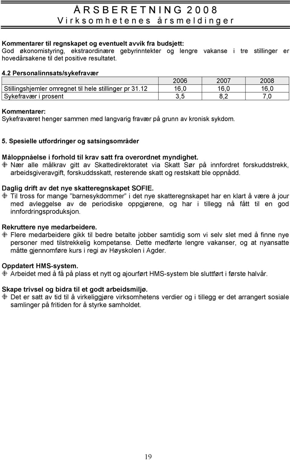 12 16,0 16,0 16,0 Sykefravær i prosent 3,5 8,2 7,0 Kommentarer: Sykefraværet henger sammen med langvarig fravær på grunn av kronisk sykdom. 5.