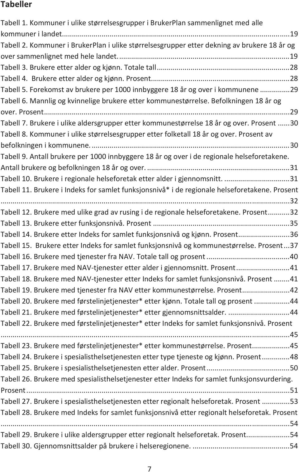 Brukere etter alder og kjønn. Prosent... 28 Tabell 5. Forekomst av brukere per 1000 innbyggere 18 år og over i kommunene... 29 Tabell 6. Mannlig og kvinnelige brukere etter kommunestørrelse.