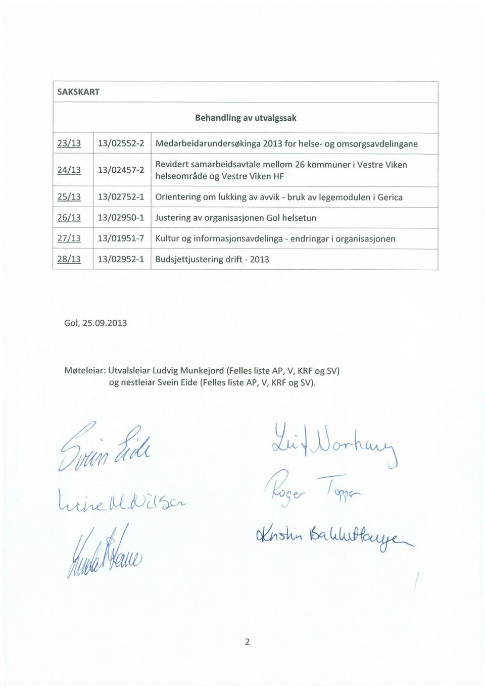 av organisasjonen Gol helsetun 27/13 13/01951-7 Kultur og informasjonsavdelinga - endringar i organisasjonen 28/13 13/02952-1 Budsjettjustering drift - 2013 Gol,