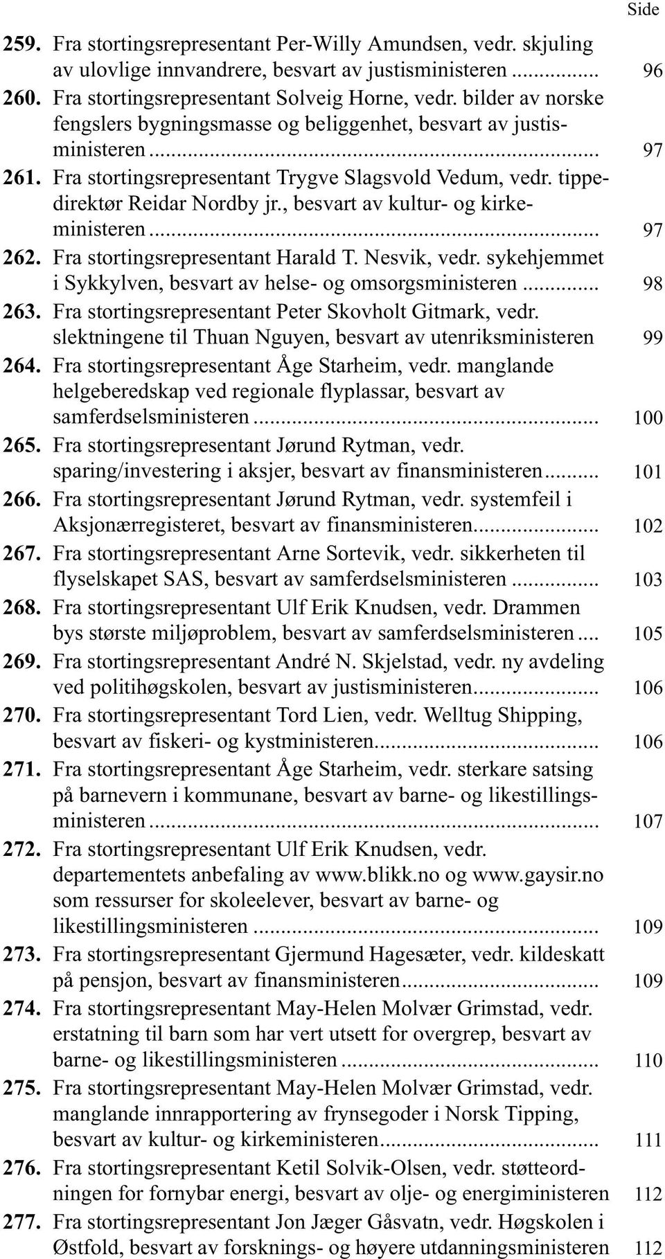 , besvart av kultur- og kirkeministeren... 97 262. Fra stortingsrepresentant Harald T. Nesvik, vedr. sykehjemmet i Sykkylven, besvart av helse- og omsorgsministeren... 98 263.