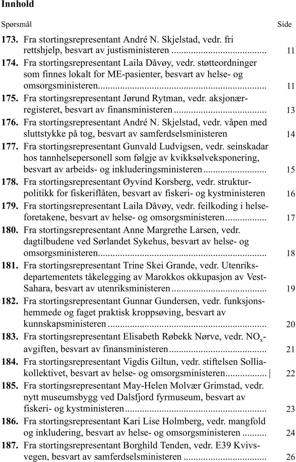 .. 13 176. Fra stortingsrepresentant André N. Skjelstad, vedr. våpen med sluttstykke på tog, besvart av samferdselsministeren 14 177. Fra stortingsrepresentant Gunvald Ludvigsen, vedr.