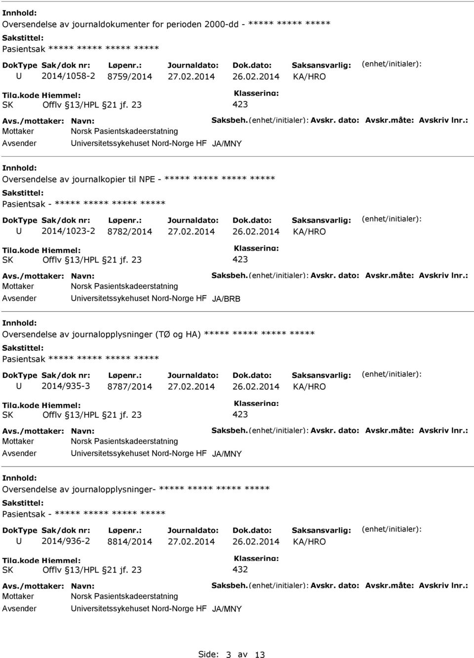 JA/BRB Oversendelse av journalopplysninger (TØ og HA) ***** ***** ***** ***** Pasientsak ***** ***** ***** ***** 2014/935-3 8787/2014 Mottaker Norsk