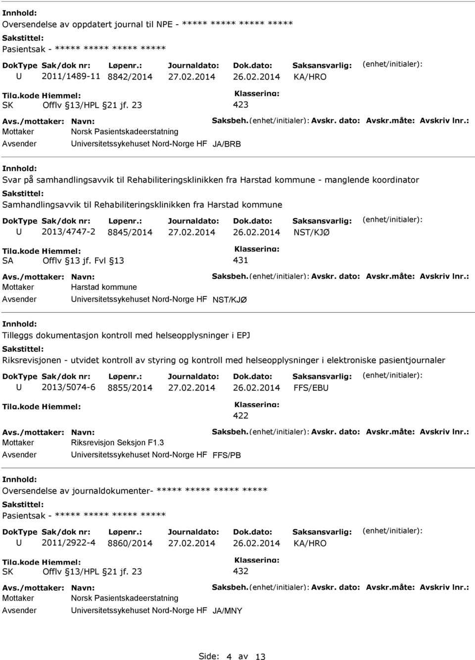 Fvl 13 431 Mottaker Harstad kommune NST/KJØ Tilleggs dokumentasjon kontroll med helseopplysninger i EPJ Riksrevisjonen - utvidet kontroll av styring og kontroll med helseopplysninger i