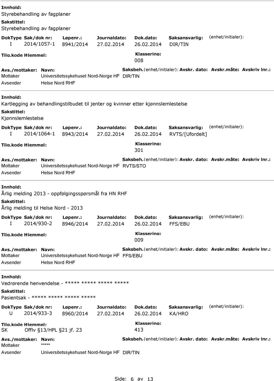 RVTS/STO Helse Nord RHF Årlig melding 2013 - oppfølgingsspørsmål fra HN RHF Årlig melding til Helse Nord - 2013 2014/930-2 8946/2014